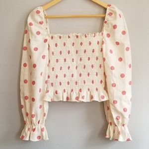 Reformation polka dot linen ruffle crop top